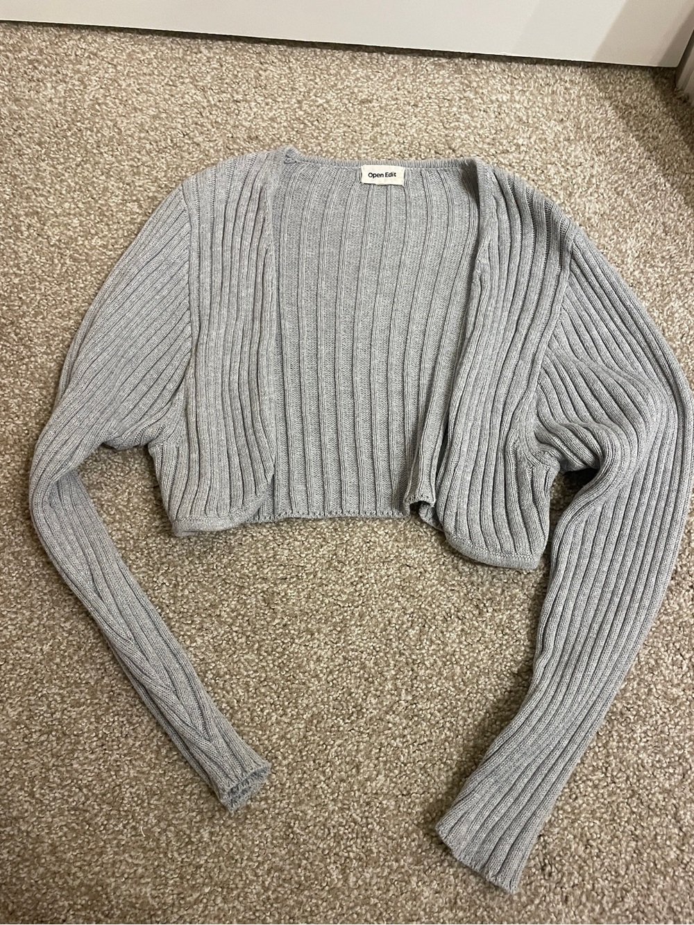 Open Edit Gray Ribbed Cropped Cardigan Shrug